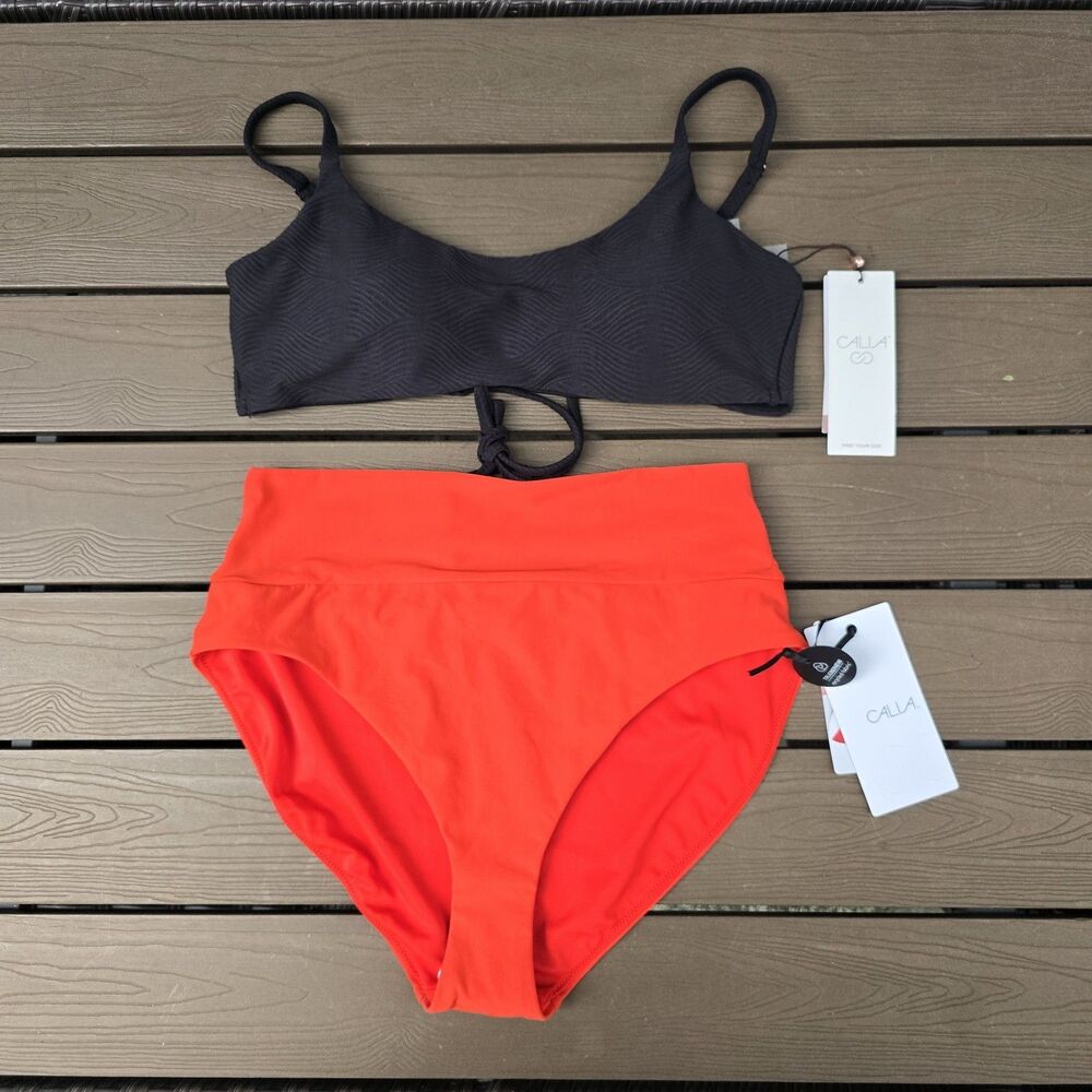 CALIA Women Solid Black Bikinj Top & Red Wide Band High Leg Bikini SZ M New